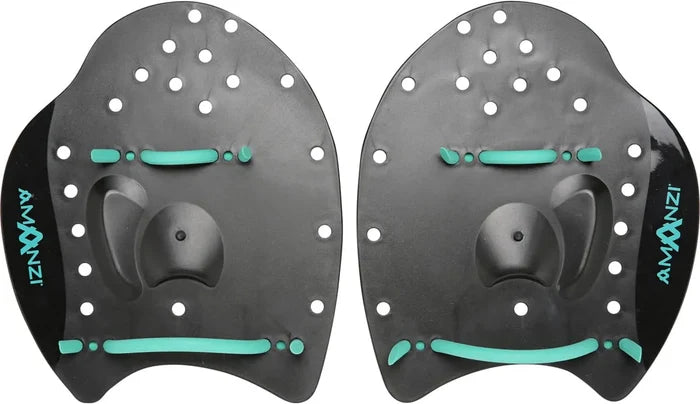 Amani Jet Hand Paddle Set in black, featuring two ergonomic swimming paddles with textured grips for enhanced training.