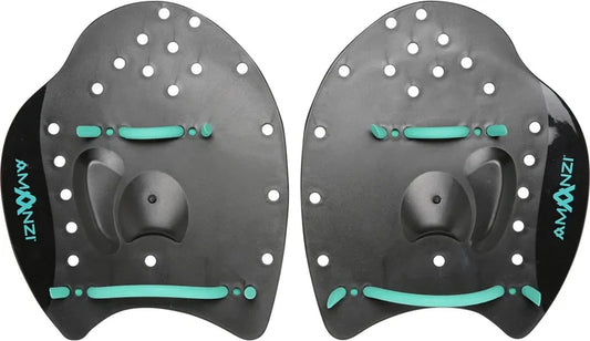 Amani Jet Hand Paddle Set in black, featuring two ergonomic swimming paddles with textured grips for enhanced training.