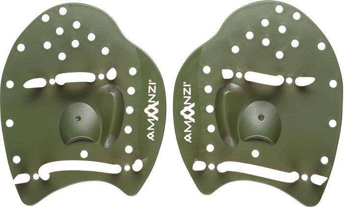 Amani Memphis hand paddle set in green, showing two lightweight swimming paddles for training and improving swim technique.