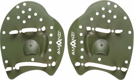 Amani Memphis hand paddle set in green, showing two lightweight swimming paddles for training and improving swim technique.