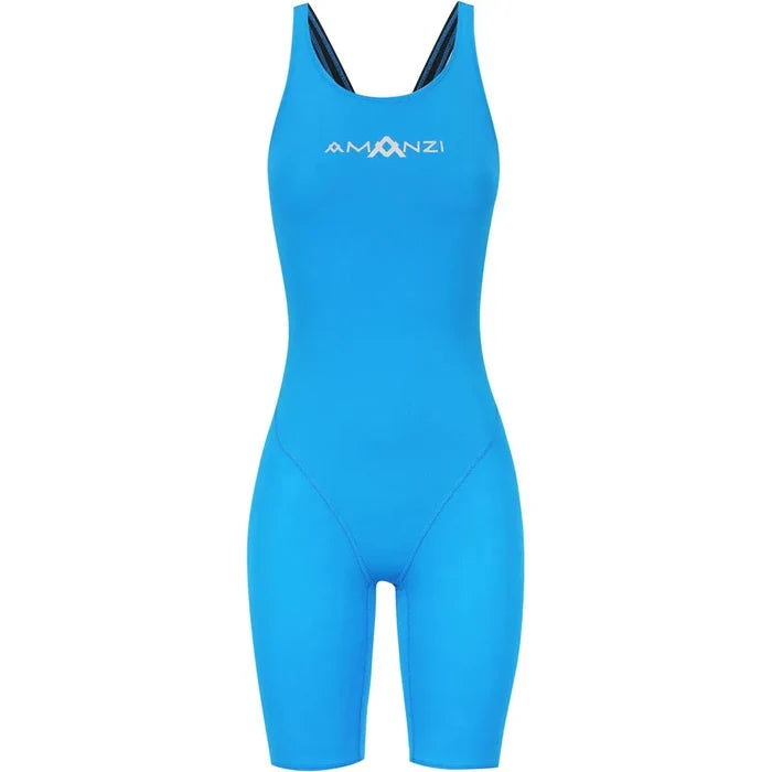 Amani Women's Azure Active Kneesuit in royal blue, form-fitting wetsuit with long sleeves and zipper for water sports and diving.
