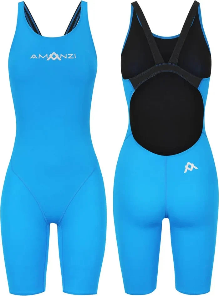 Amani women's Azure Active kneesuit in royal blue, close-up view showing the fitted wetsuit with logo details