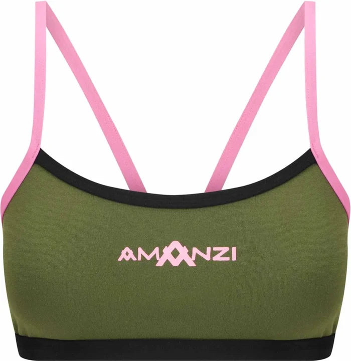 Amani women's desert blush bikini top in green and pink with adjustable straps, perfect for beach or poolside wear.