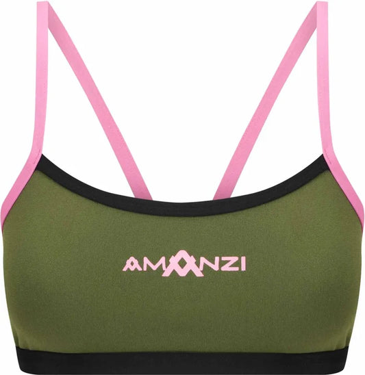 Amani women's desert blush bikini top in green and pink with adjustable straps, perfect for beach or poolside wear.