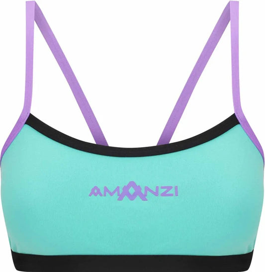 Amani Womens Lagoona bikini top in blue and purple with a stylish tankini design, featuring adjustable straps and vibrant floral patterns.
