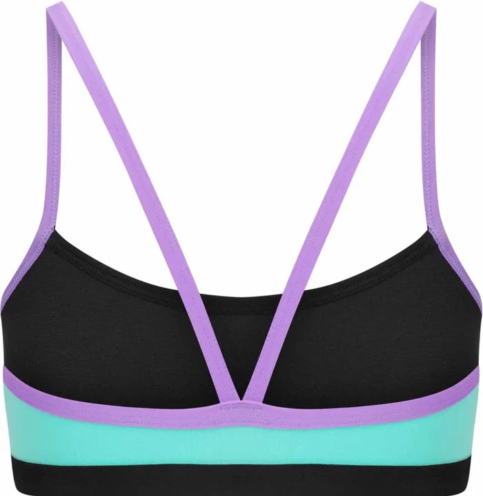 Amani Womens Lagoona Bikini Top in blue and purple with a stylish tankini design, featuring vibrant colors and a supportive fit.