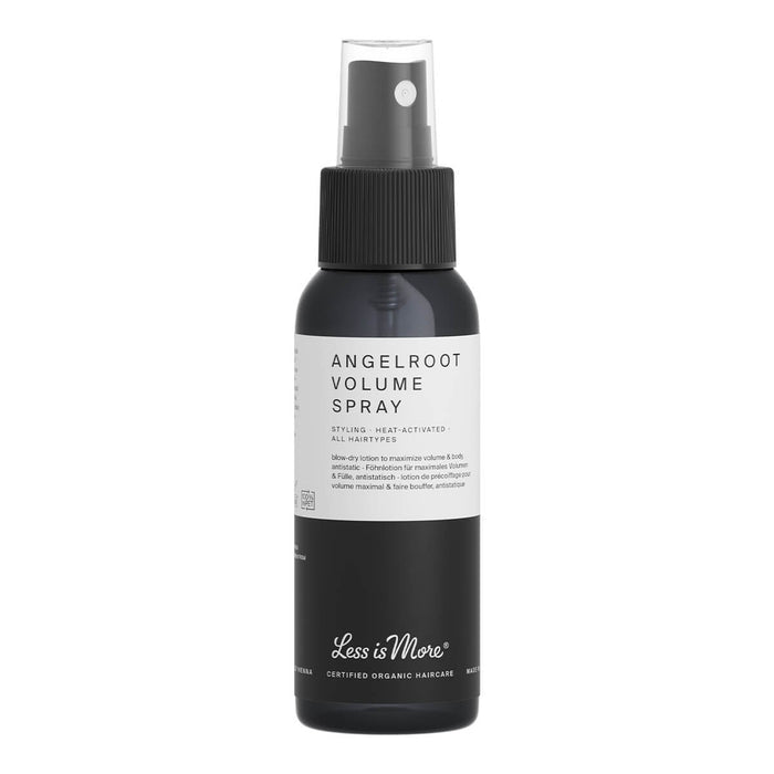 50ml bottle of Less is More Angelroot Volume Spray with a push pump, a root-lifting booster that creates maximum volume without weighing down the hair. It provides strength and body, as well as a healthy shine. Suitable for all hair types. Packaged in a black plastic bottle with a simple white label.