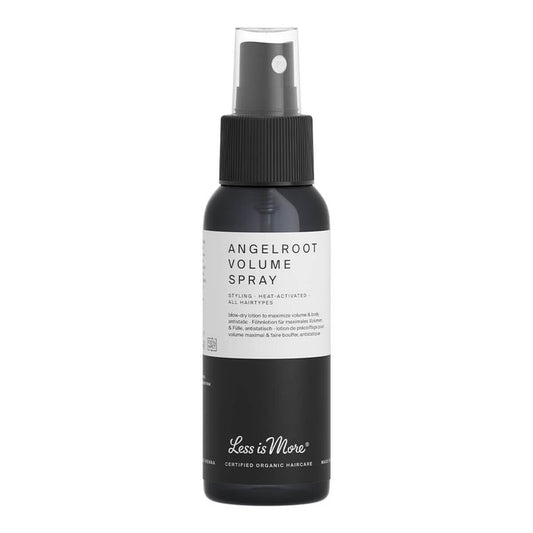 50ml bottle of Less is More Angelroot Volume Spray with a push pump, a root-lifting booster that creates maximum volume without weighing down the hair. It provides strength and body, as well as a healthy shine. Suitable for all hair types. Packaged in a black plastic bottle with a simple white label.
