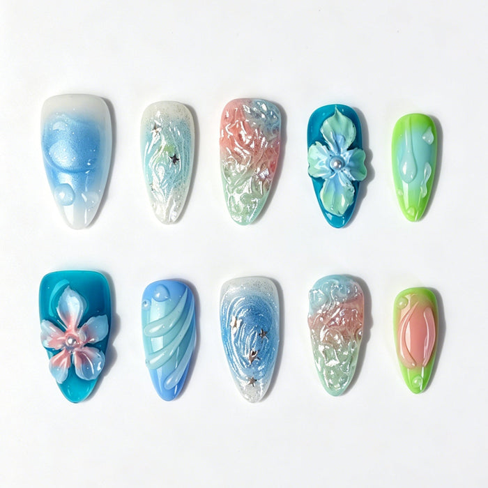 Medium Almond Press On Nails, Handmade 3D Gradient Floral Fake Nails, Mermaid Ocean Water Drop Swirl Summer Nail Art Set