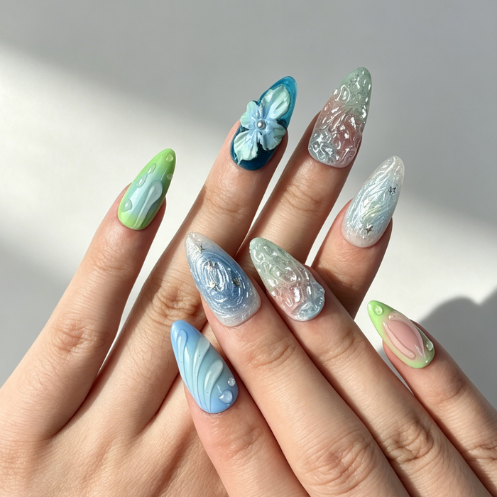 Hand Painted Mermaid Ocean Press On Nails, Medium Almond 3D Gradient Flower Water Drop Nails on Hand, Glitter Swirl Fake Nail Tips