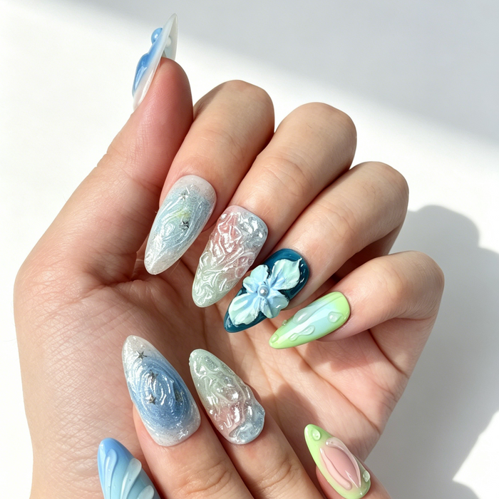 Close Up 3D Textured Nail Art, Gradient Mermaid Water Drop Floral Decor, Medium Almond Glitter Press On Nail Detail Shot