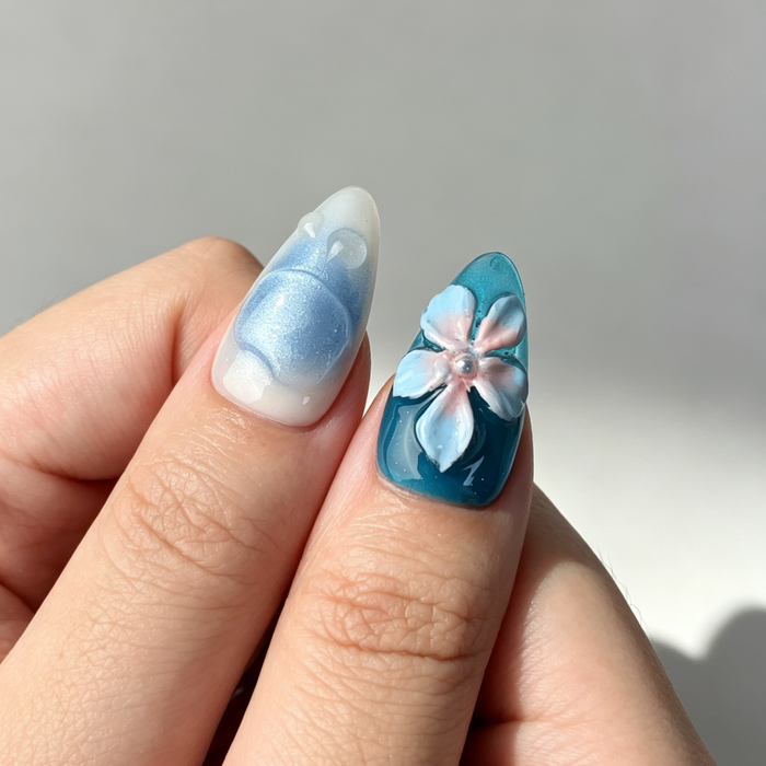 Mermaid Ocean 3D Floral Press On Nails, Medium Almond Gradient Water Drop Glitter Fake Nail Set