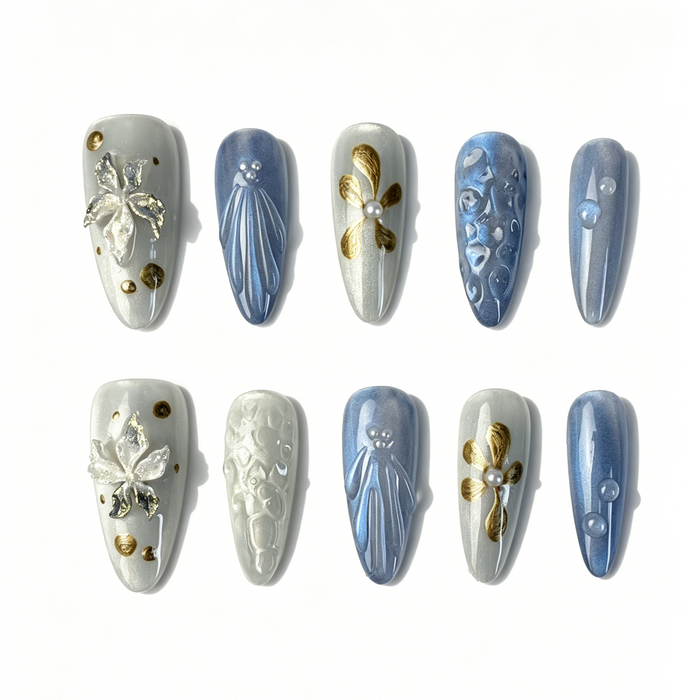 Medium Almond Press On Nails, Blue Silver Cat Eye 3D Gold Floral Pearl Fake Nail Set