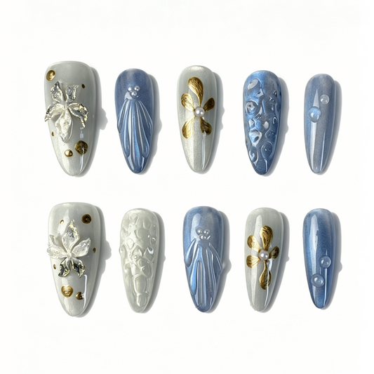 Medium Almond Press On Nails, Blue Silver Cat Eye 3D Gold Floral Pearl Fake Nail Set