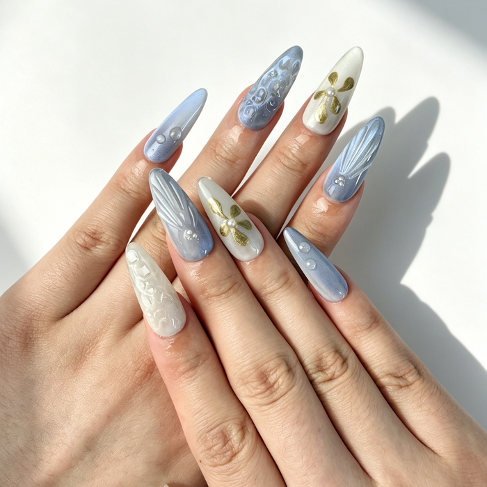Minimalist Cat Eye Press On Nails, Blue Silver Metallic Flower Nails on Hand