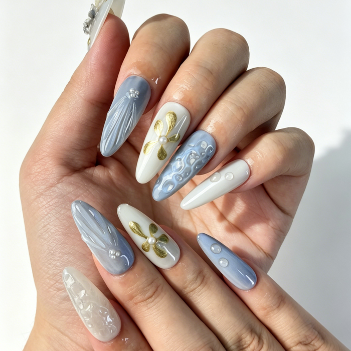 Close Up Nail Art, 3D Gold Floral Pearl Embossed Cat Eye Decor