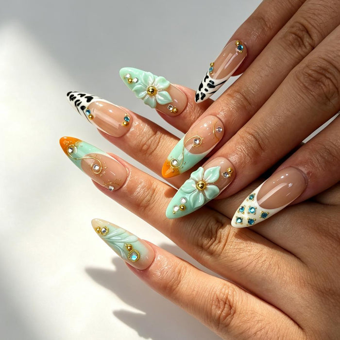 Mint green leopard print 3D floral press‑on nails on hand