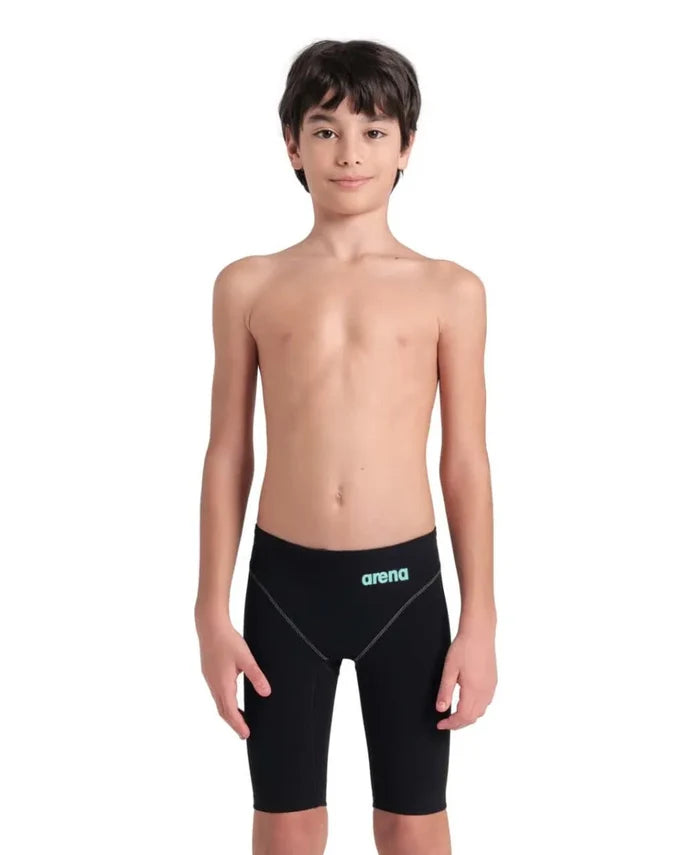 Arena Boys Powerskin Impulso Jammer in black and teal, featuring a sleek swim jammer design for competitive swimming.