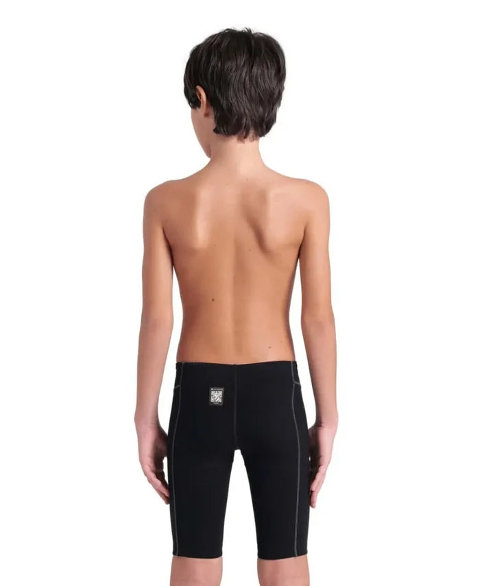 Arena Boys Powerskin Impulso Jammers in black and teal, designed for young swimmers, with a snug fit and sleek swimwear style.