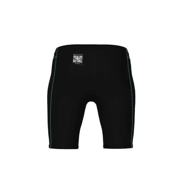Arena Boys Powerskin Impulso Jammer in black and teal, featuring a sleek swim jammer design for young swimmers.