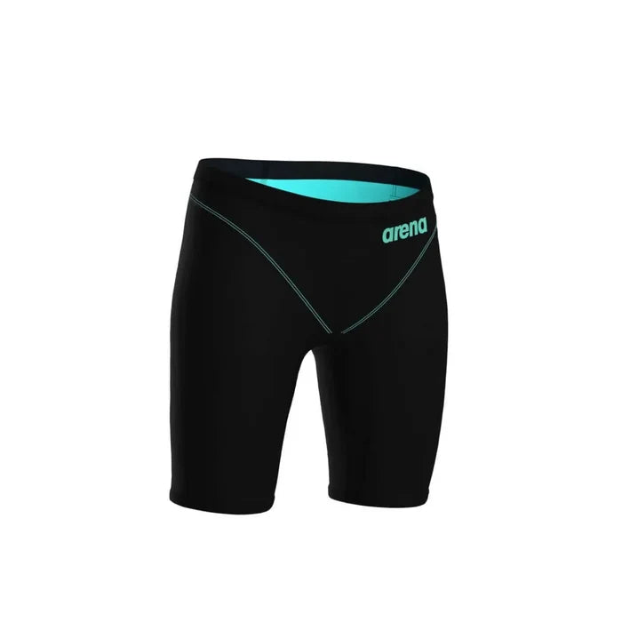 Arena Boys Powerskin Impulso Jammer in black and teal, designed for competitive swimming, showcasing the sleek, fitted swim jammers.