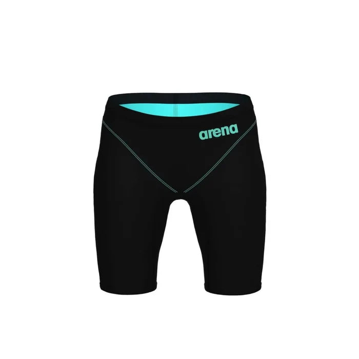 Arena Boys Powerskin Impulso Jammer in black and teal, featuring a sleek swimwear design for young swimmers.