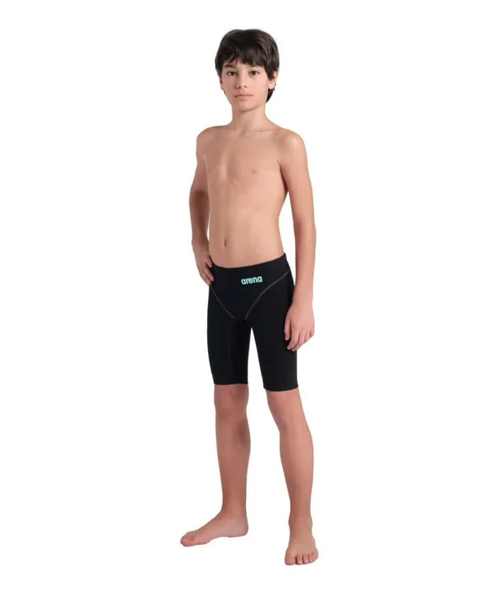 Arena Boys Powerskin Impulso jammer in black and teal, featuring a snug fit and sleek design for competitive swimming.