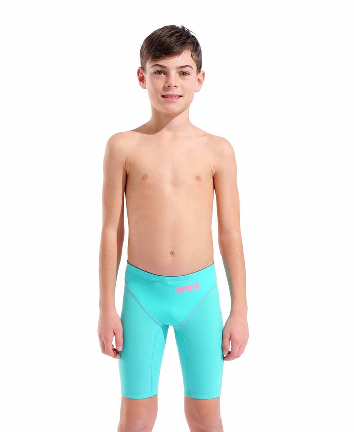 Arena Boys Powerskin Impulso Limited Edition pink jammers with sleek water design, designed for competitive swimming.