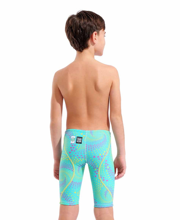 Arena Boys Powerskin ST Next Limited Edition Jammer in Fireflow Seaglass, close-up of sleek swimwear design for young swimmers.