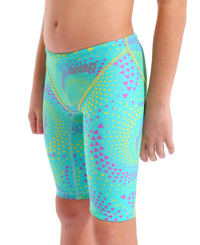 Arena Boys Powerskin ST Next Limited Edition jammer in Fireflow Seaglass, displaying a sleek swim jammer with vibrant color design.