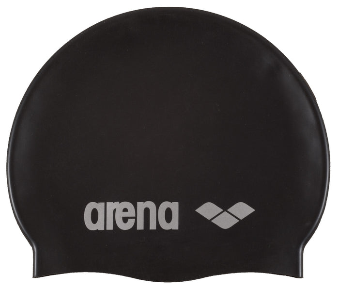 Black Arena Classic Silicone Swimming Cap for men and women, designed for comfort and durability during swimming.