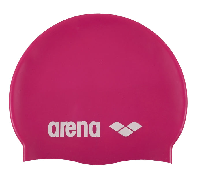 Pink Arena Classic Silicone Swimming Cap, snug fit swim hat for women and men, made of durable silicone material.
