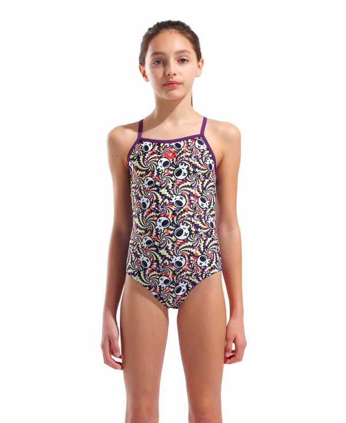 Arena girls' fun skulls lightdrop back swimsuit in black and plum with colorful skull pattern, designed for swimming.