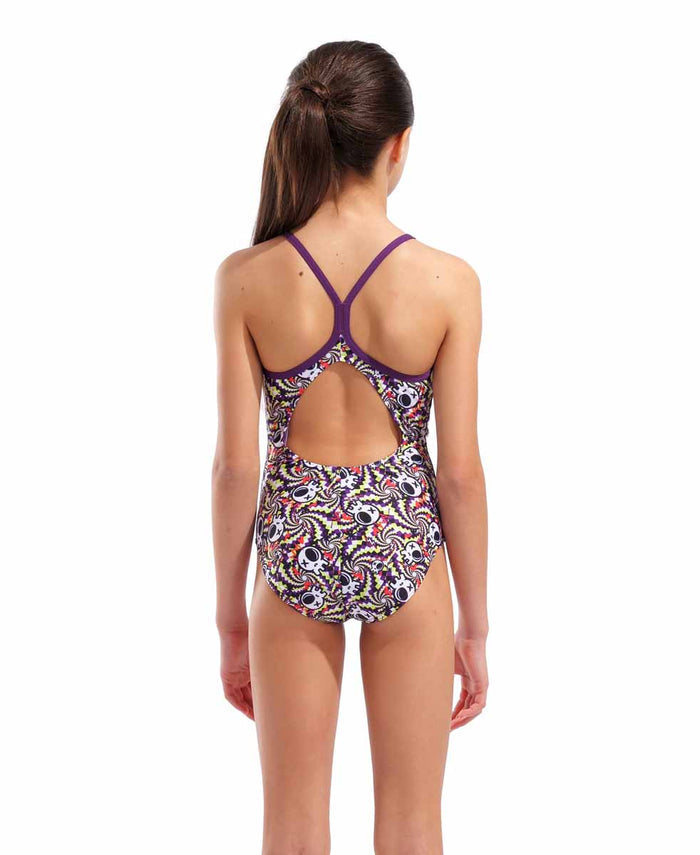 Arena girls' Fun Skulls Lightdrop Back swimsuit in black and plum with colorful skull design, suitable for swimming.