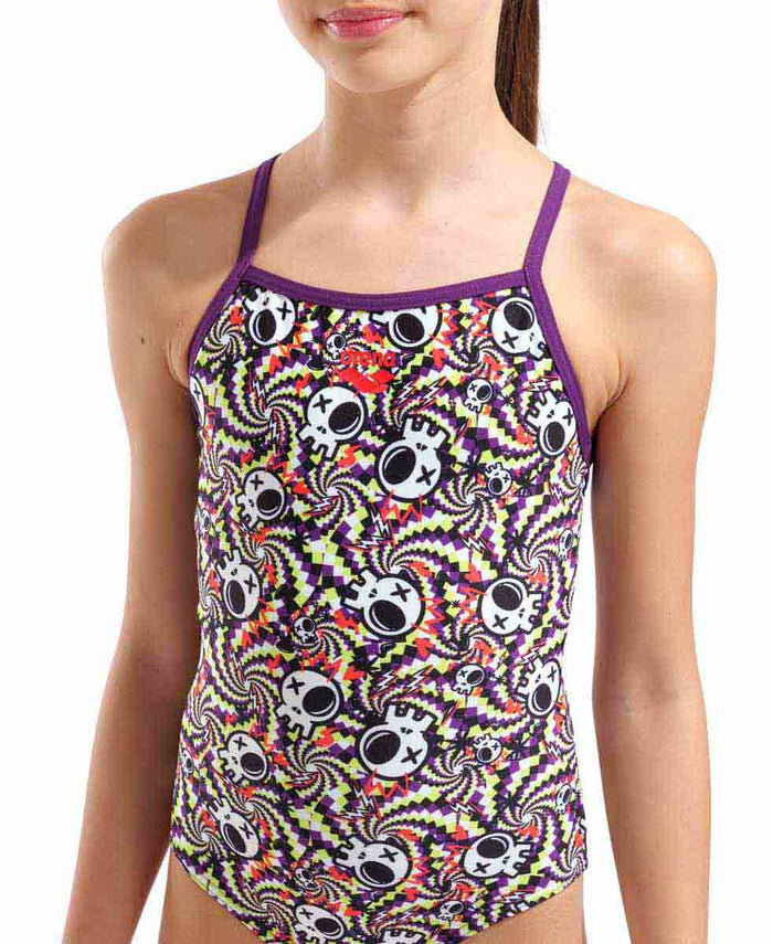 Arena girls' Fun Skulls Lightdrop Back swimsuit in black and plum with fun skull print, designed for comfortable swimwear.