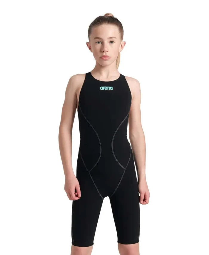 Arena Girls Powerskin Impulso Kneesuit in black and teal, featuring a sleek design for competitive swimming.