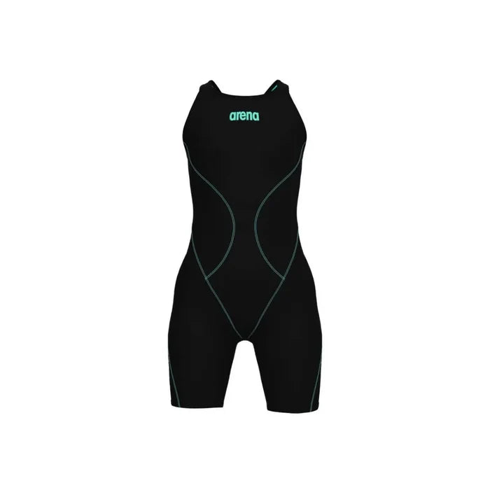 Arena Girls Powerskin Impulso kneesuit in black and teal, designed for swimming, featuring a sleek, form-fitting suit for young athletes.