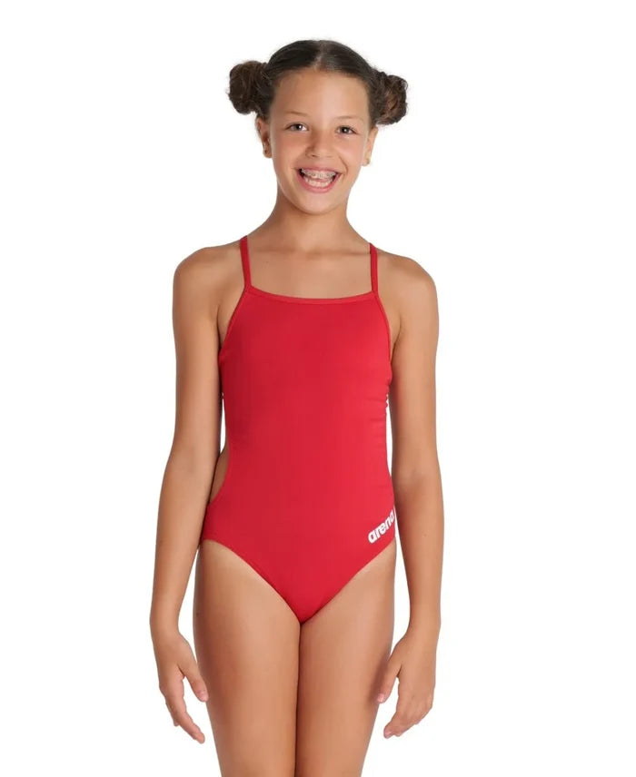 Red Arena Girls Team Challenge solid swimsuit, sporty one-piece design ideal for swimming and training.