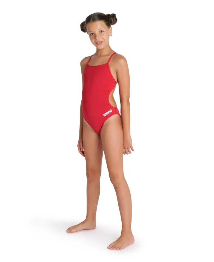 Red Arena Girls Team Challenge solid swimsuit with sleek design, ideal for young swimmers in competitive or recreational swimming.