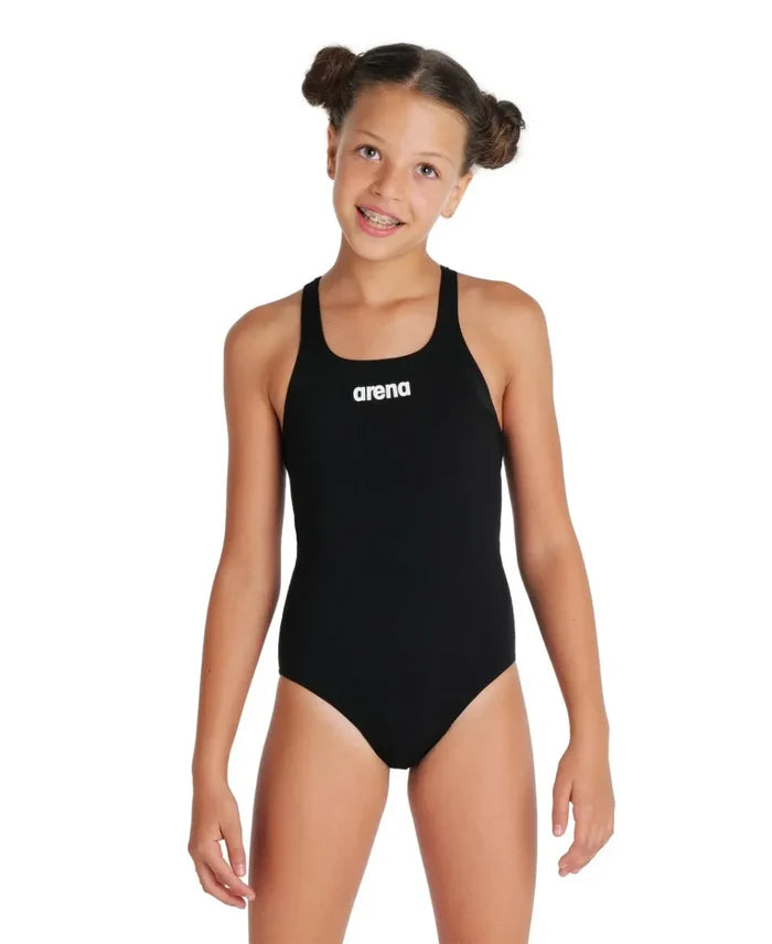Black Arena Girls Team Swim Pro solid swimsuit with sleek design, perfect for competitive swimming and training.