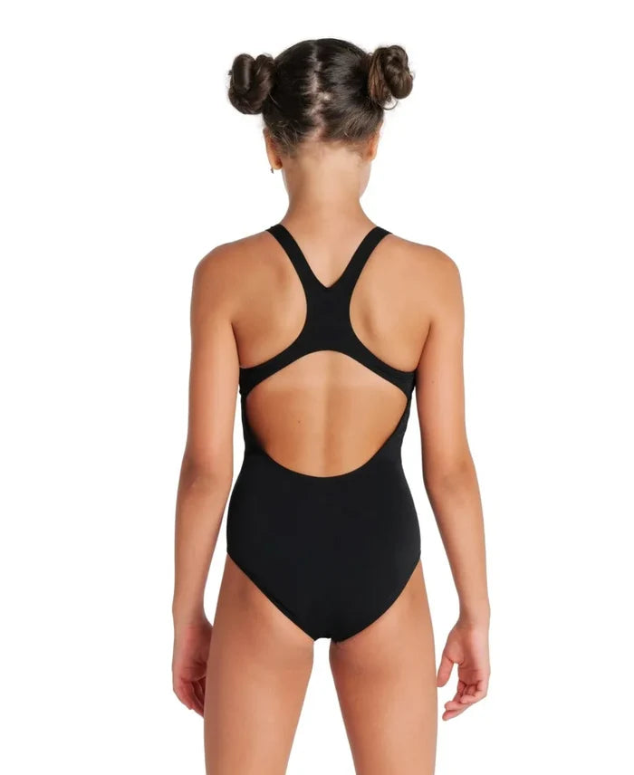 Black Arena girls' Team Swim Pro solid swimsuit, sleek and comfortable one-piece swimwear for young swimmers.