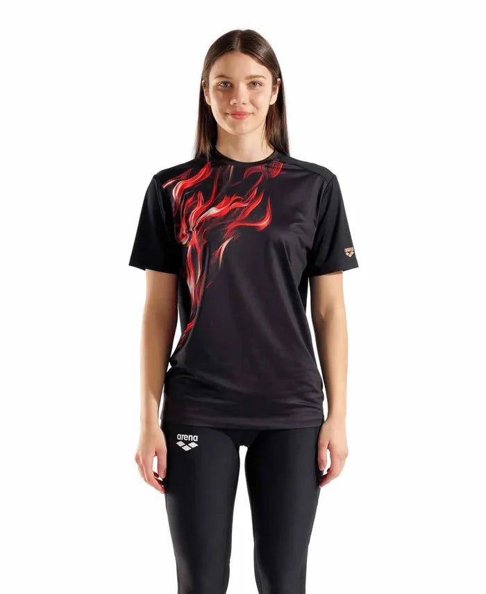 Arena Graphic Indomitus T-Shirt in multi-color with black background, featuring a bold graphic design, made of comfortable material.