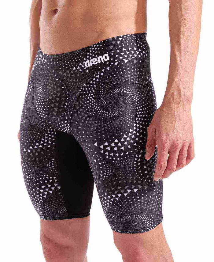 Arena men's Fireflow swim jammer in black and team black, featuring a sleek fitted design for competitive swimming.