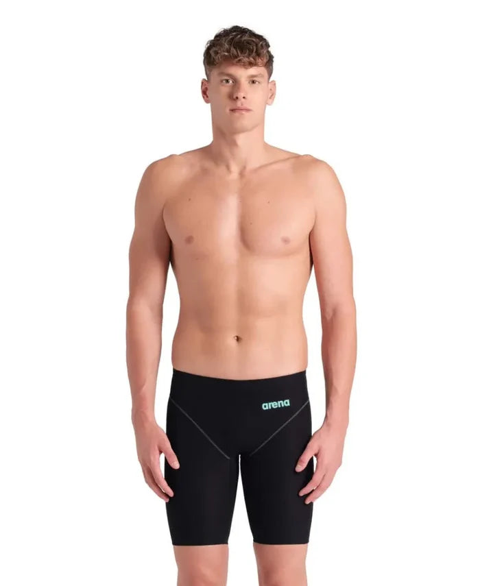 Arena men's Powerskin Impulso jammer in black and teal, designed for competitive swimming with a sleek fit.