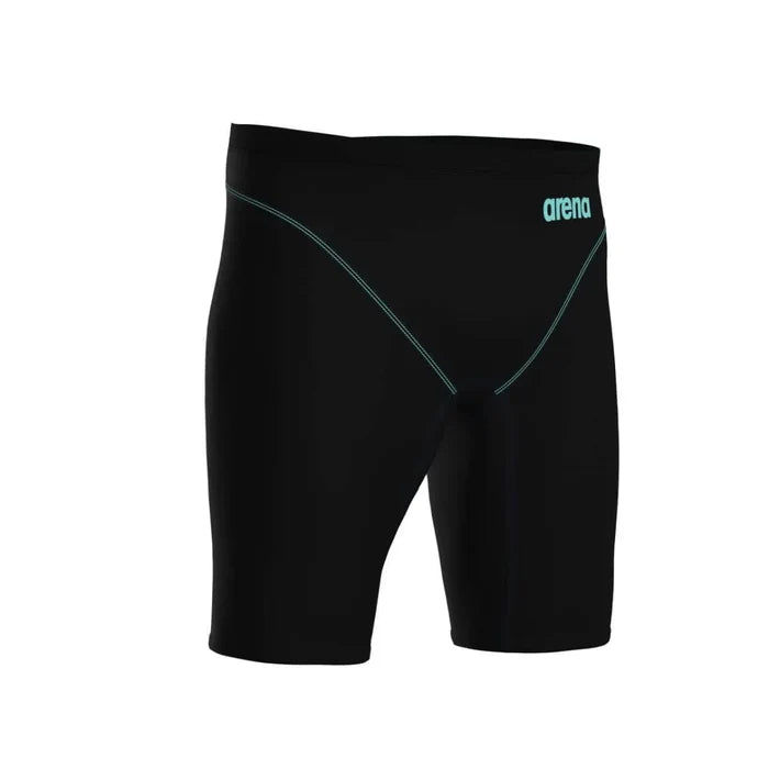 Arena men's Powerskin Impulso jammer in black and teal, designed for competitive swimming with a sleek, streamlined fit.