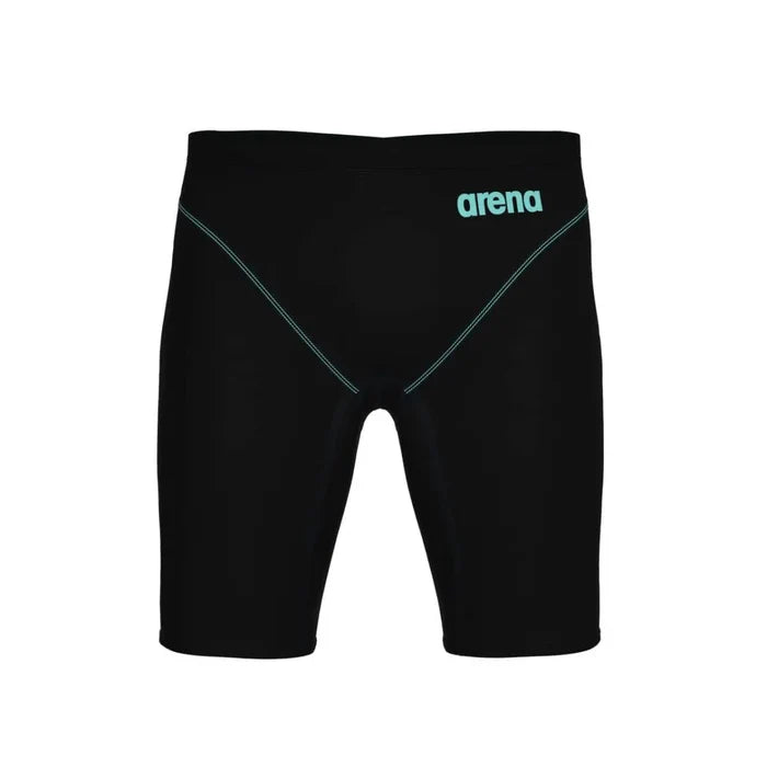 Arena men's Powerskin Impulso jammer in black and teal, showcasing sleek swimwear with a fitted design for competitive swimming.