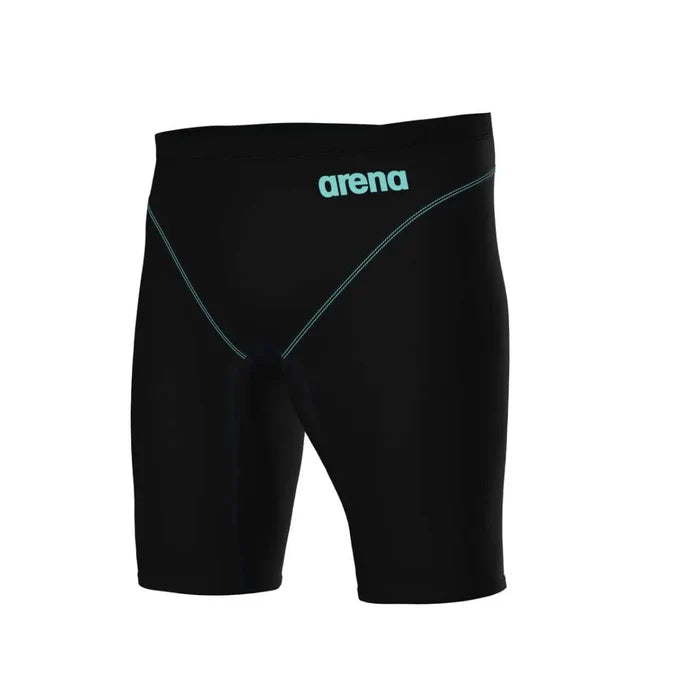 Arena men's Powerskin Impulso jammer in black and teal, designed for competitive swimming with a sleek, streamlined fit.