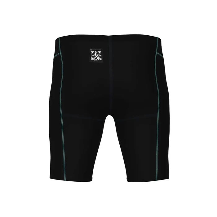 Arena Men's Powerskin Impulso Jammer in black and teal, close-up view of the sleek swim jammer fabric and design.