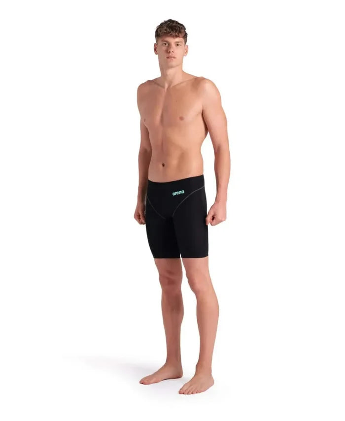 Arena men's Powerskin Impulso jammer in black and teal, featuring a sleek, fitted design for competitive swimming.