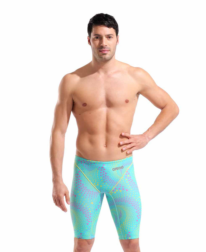 Arena Men’s Powerskin ST Next Ltd Edition Jammer in Fireflow Seaglass, close-up showing the sleek swimwear fabric and design details.